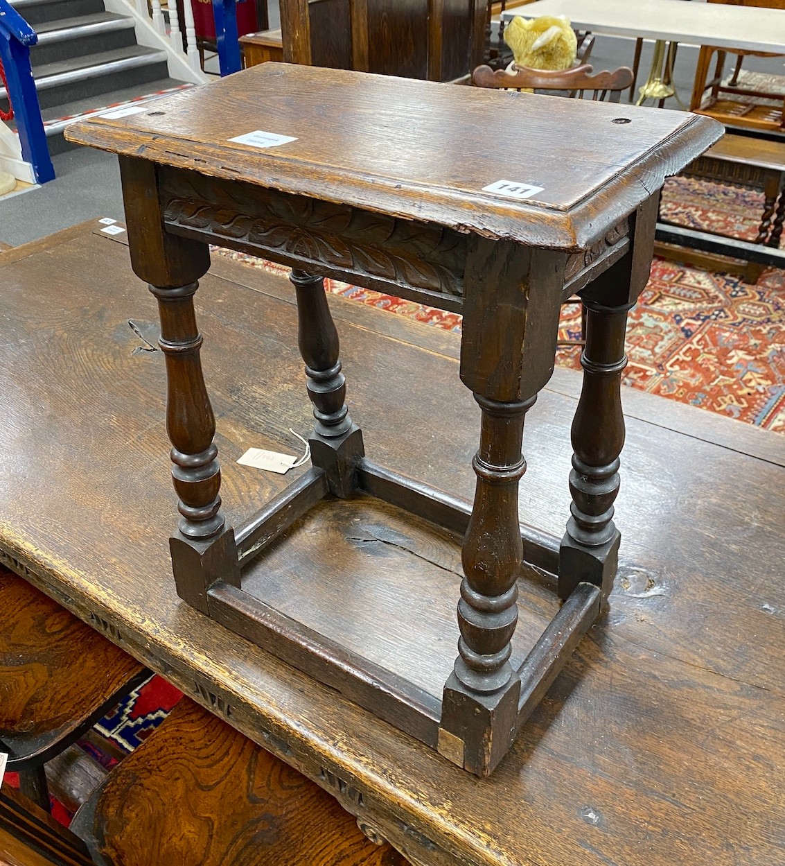 A 17th century style oak joint stool, width 45cm, depth 26cm, height 50cm